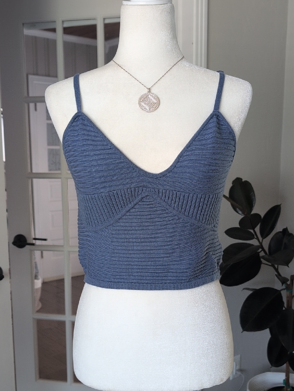 aerie Slate Blue Ribbed Knit Cropped Cami Large - Picture 2 of 10